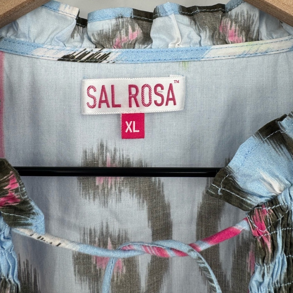 Sal Rosa Multicolor Ikat Print Tiered Maxi Dress XL Boho V-Neck Ruffle Sleeve - Picture 6 of 7